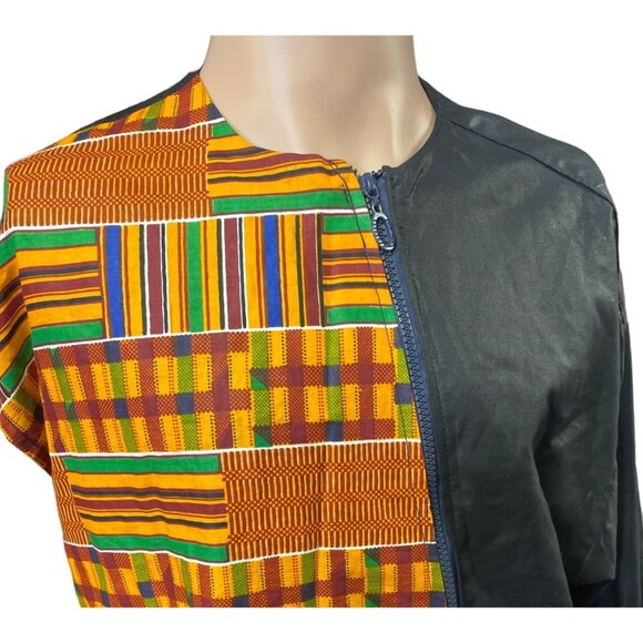 Marchal's Designs Men's Black and African Print Zipper up Shirt Size M SKU 3275 - Picture 4 of 6